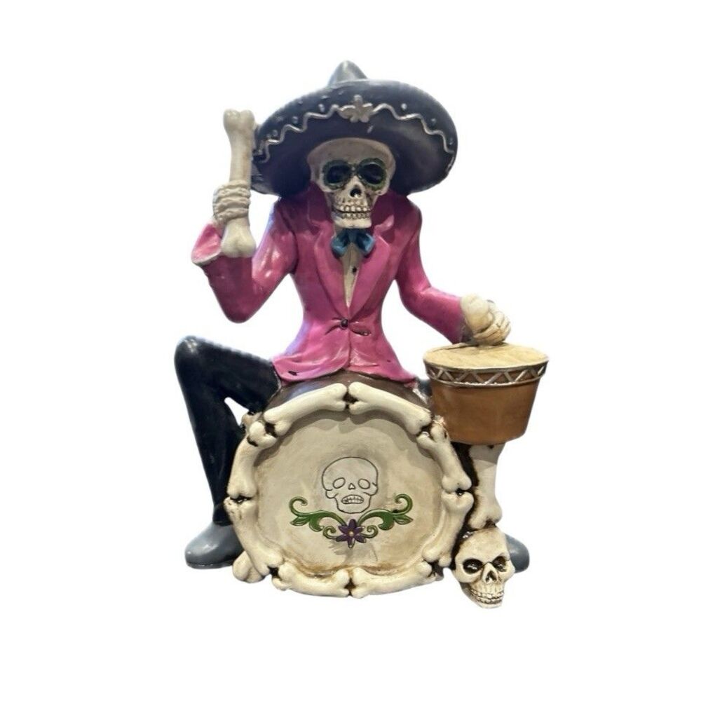 Day Of The Dead Sugar Skull Skeleton Musician Figurine Playin The Drums 8”x 6"